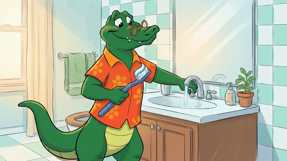 Irry Gator turns off the bathroom faucet while brushing his teeth.