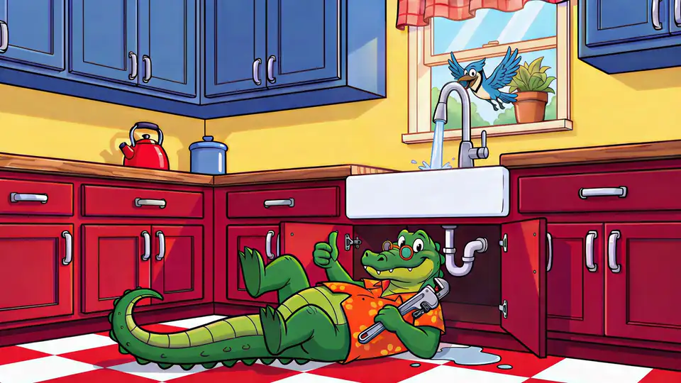 Irry Gator gives a thumbs-up from under the kitchen sink while Jay B Blue lands on the faucet and shuts off the water.