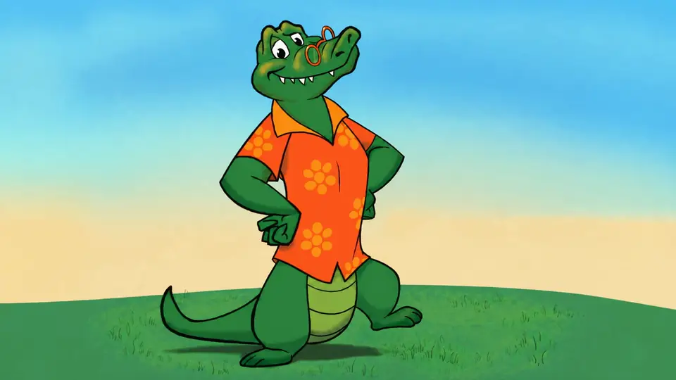 Irry Gator lifts his foot and the flattened footprint stays pressed into the dry grass