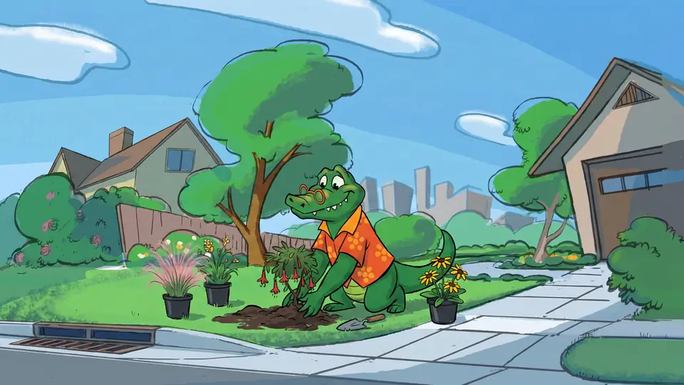 Irry Gator plants native Texas flowers and grasses in a garden bed in front of a suburban home.