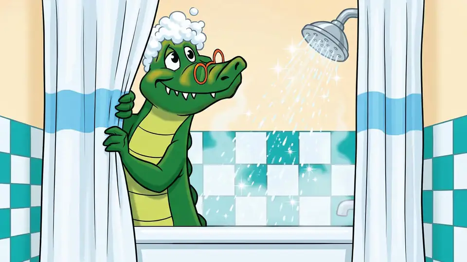 Irry Gator leans out from between the shower curtains with shampoo suds on his head while the shower runs.