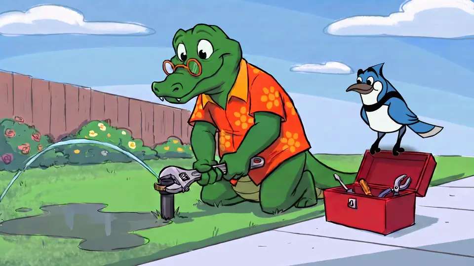 Irry Gator kneels in the yard with a wrench and toolbox, repairing a leaking sprinkler head while Jay B looks on.