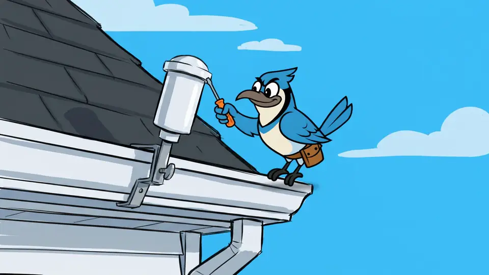Jay B perches on the roof gutter with a screwdriver, straightening a rain sensor mounted beside the shingles.